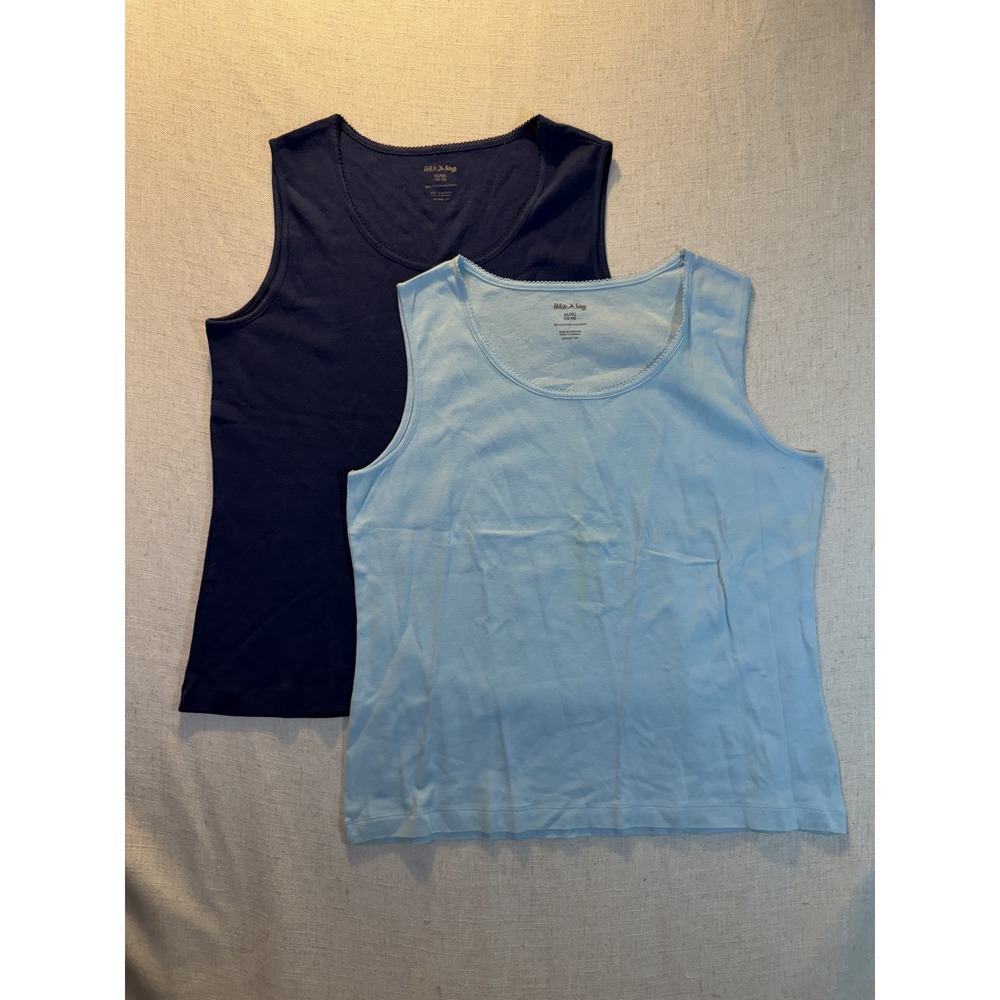 White Stag Womens XL 100% Cotton Tank Top Set Navy Light Blue Picot Trim 2 Pack
